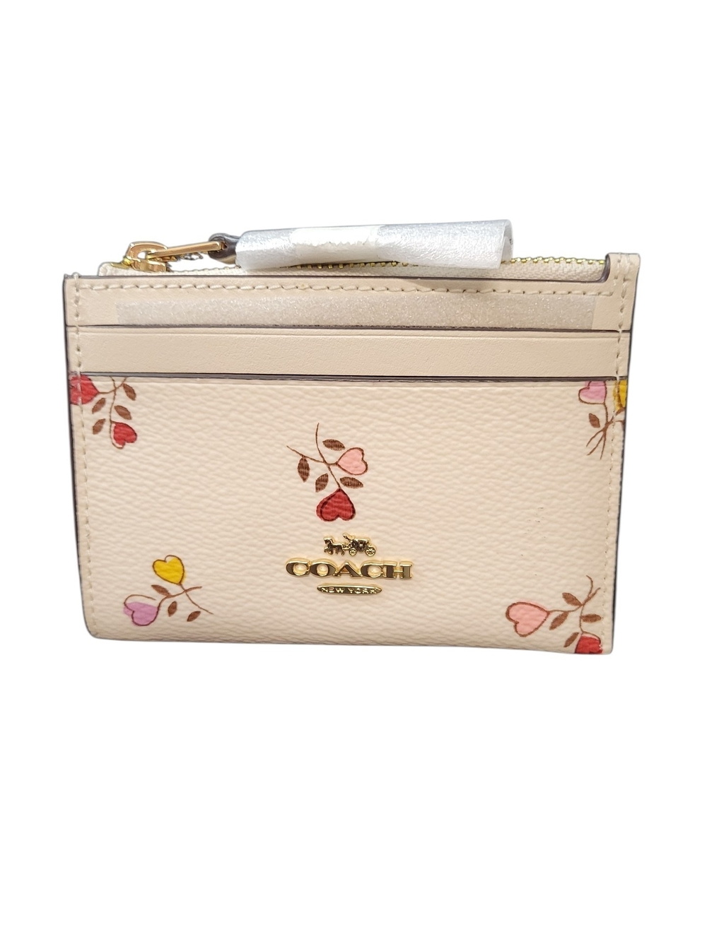 Coach Cream Floral Heart Zip Card Case with Gold Logo